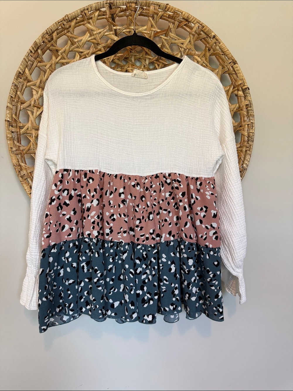 Lovely Melody White Waffle Knit Tiered Tunic with Pink and Teal Animal Print